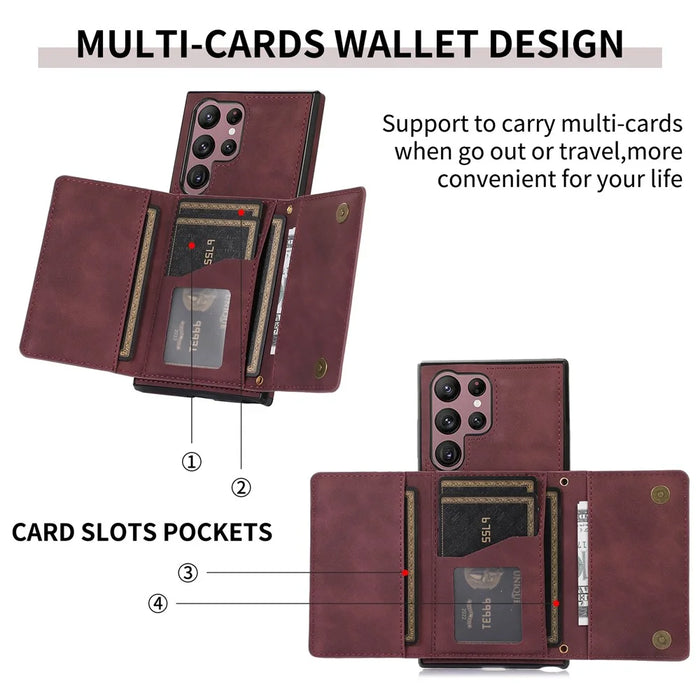 For Samsung Galaxy S24 Ultra Cell Phone Case Tri-fold Wallet Kickstand PU Leather Coated TPU Cover - Wine Red - 5