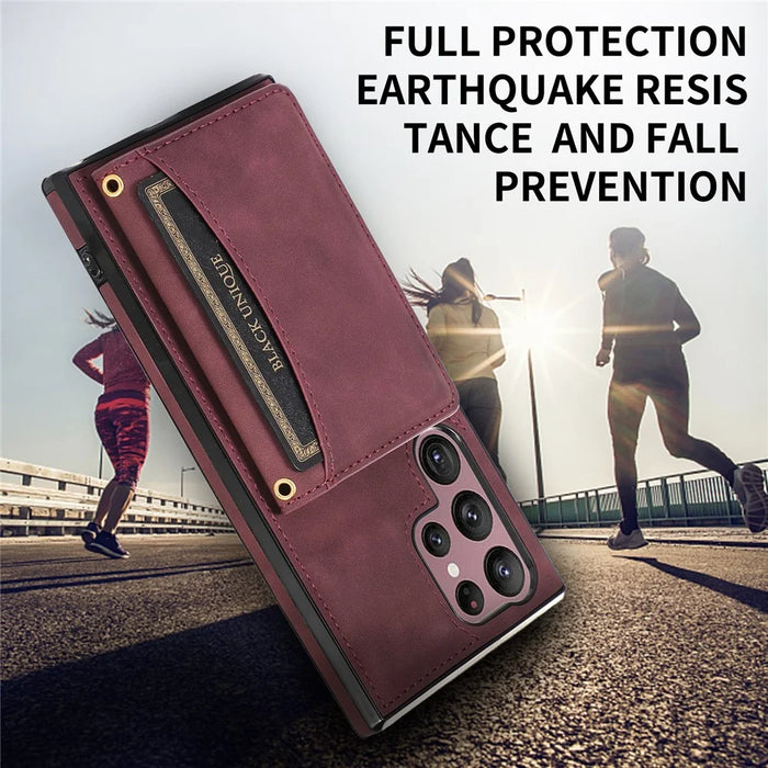 For Samsung Galaxy S24 Ultra Cell Phone Case Tri-fold Wallet Kickstand PU Leather Coated TPU Cover - Wine Red - 6