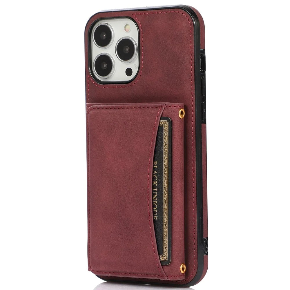 For iPhone 12 Pro Max 6.7 inch Cell Phone Case Tri-fold Wallet Anti-scratch PU Leather+TPU Cover - Wine Red - 1