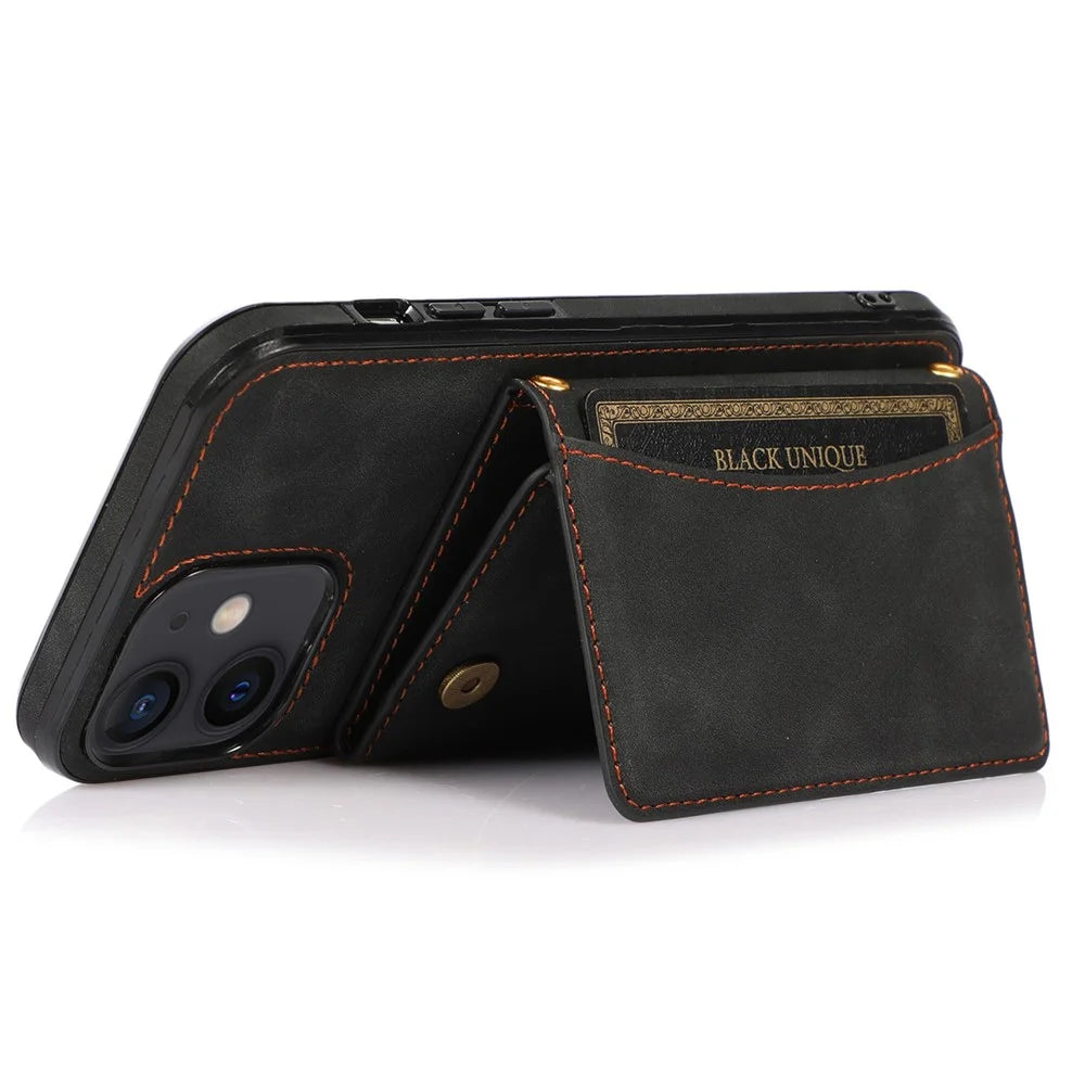 For iPhone 12 mini 5.4 inch Case Magnetic Button Tri-fold Wallet Kickstand PU Leather Coated TPU Cover - Black - 3