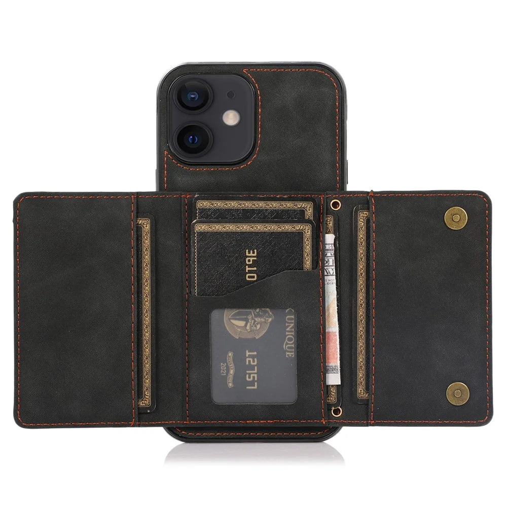For iPhone 12 mini 5.4 inch Case Magnetic Button Tri-fold Wallet Kickstand PU Leather Coated TPU Cover - Black - 4