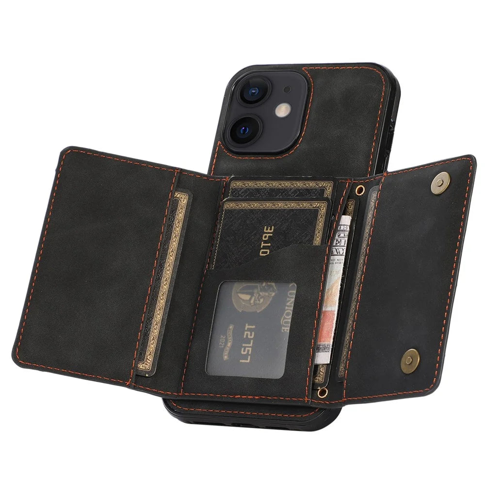 For iPhone 12 mini 5.4 inch Case Magnetic Button Tri-fold Wallet Kickstand PU Leather Coated TPU Cover - Black - 5