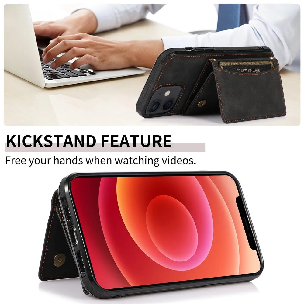 For iPhone 12 mini 5.4 inch Case Magnetic Button Tri-fold Wallet Kickstand PU Leather Coated TPU Cover - Black - 6