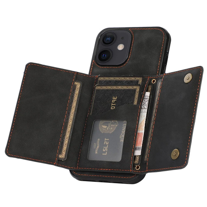For iPhone 11 Cell Phone Case Tri-fold Wallet Drop-proof PU Leather+TPU Kickstand Back Cover - Black - 5