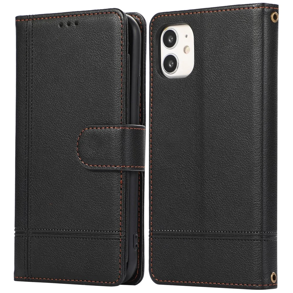 For iPhone 11 Cell Phone Case Lines Imprinted Built-in Mirror Anti-drop Leather Cover with 2 Straps - Black - 1