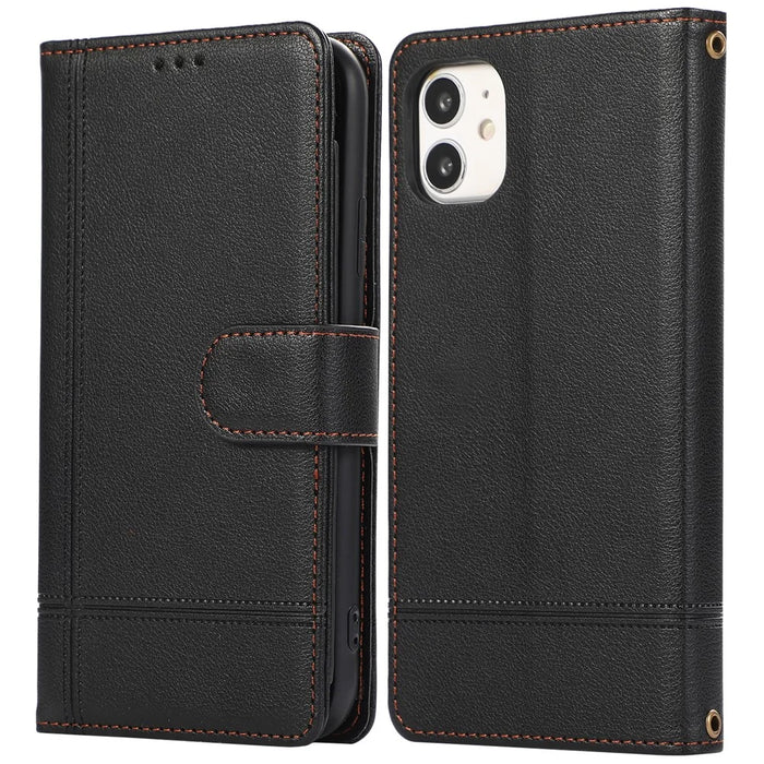 For iPhone 11 Cell Phone Case Lines Imprinted Built-in Mirror Anti-drop Leather Cover with 2 Straps - Black - 1