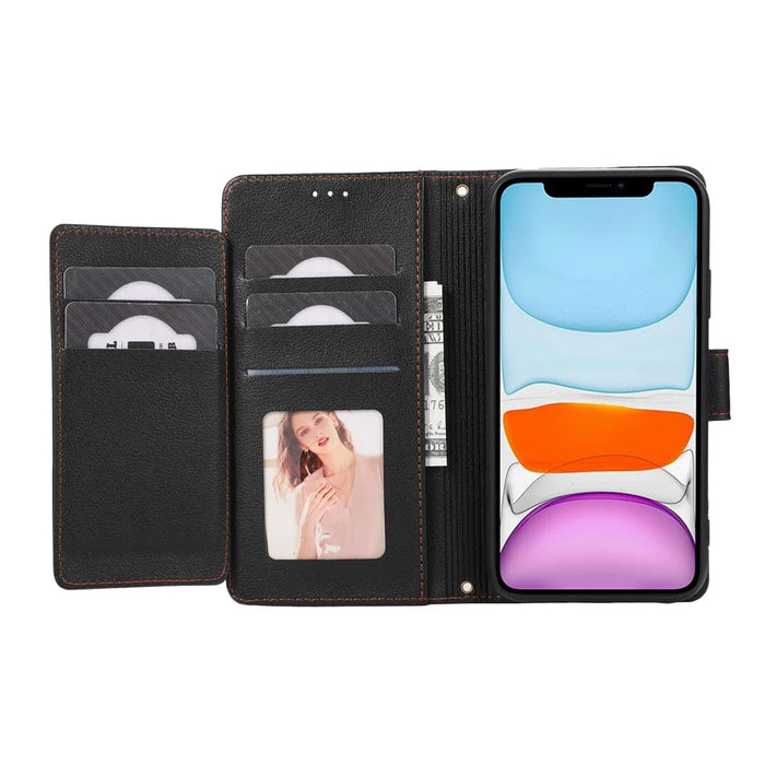 For iPhone 11 Cell Phone Case Lines Imprinted Built-in Mirror Anti-drop Leather Cover with 2 Straps - Black - 2