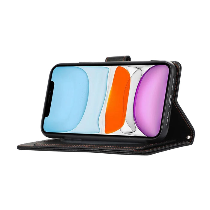 For iPhone 11 Cell Phone Case Lines Imprinted Built-in Mirror Anti-drop Leather Cover with 2 Straps - Black - 3
