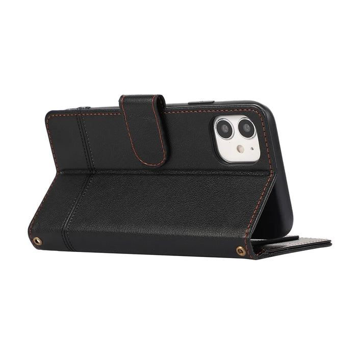 For iPhone 11 Cell Phone Case Lines Imprinted Built-in Mirror Anti-drop Leather Cover with 2 Straps - Black - 4