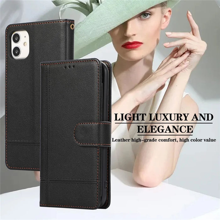 For iPhone 11 Cell Phone Case Lines Imprinted Built-in Mirror Anti-drop Leather Cover with 2 Straps - Black - 5