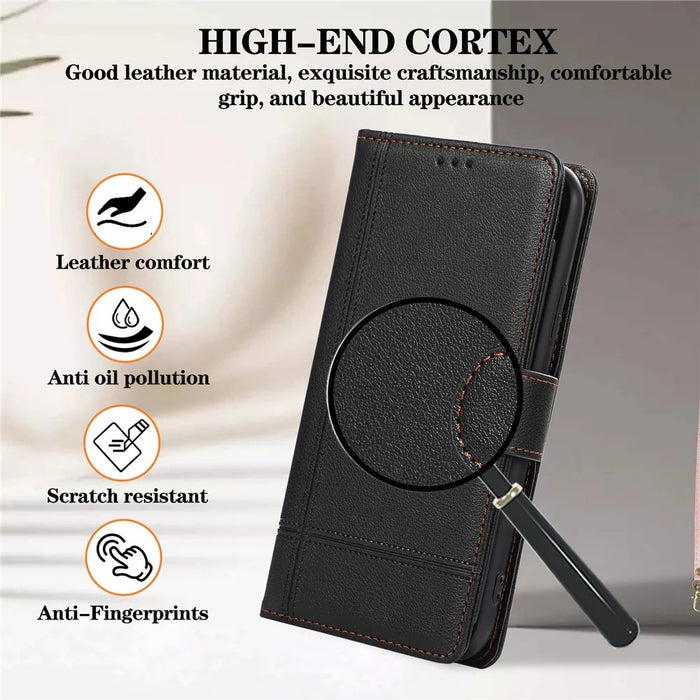 For iPhone 11 Cell Phone Case Lines Imprinted Built-in Mirror Anti-drop Leather Cover with 2 Straps - Black - 6