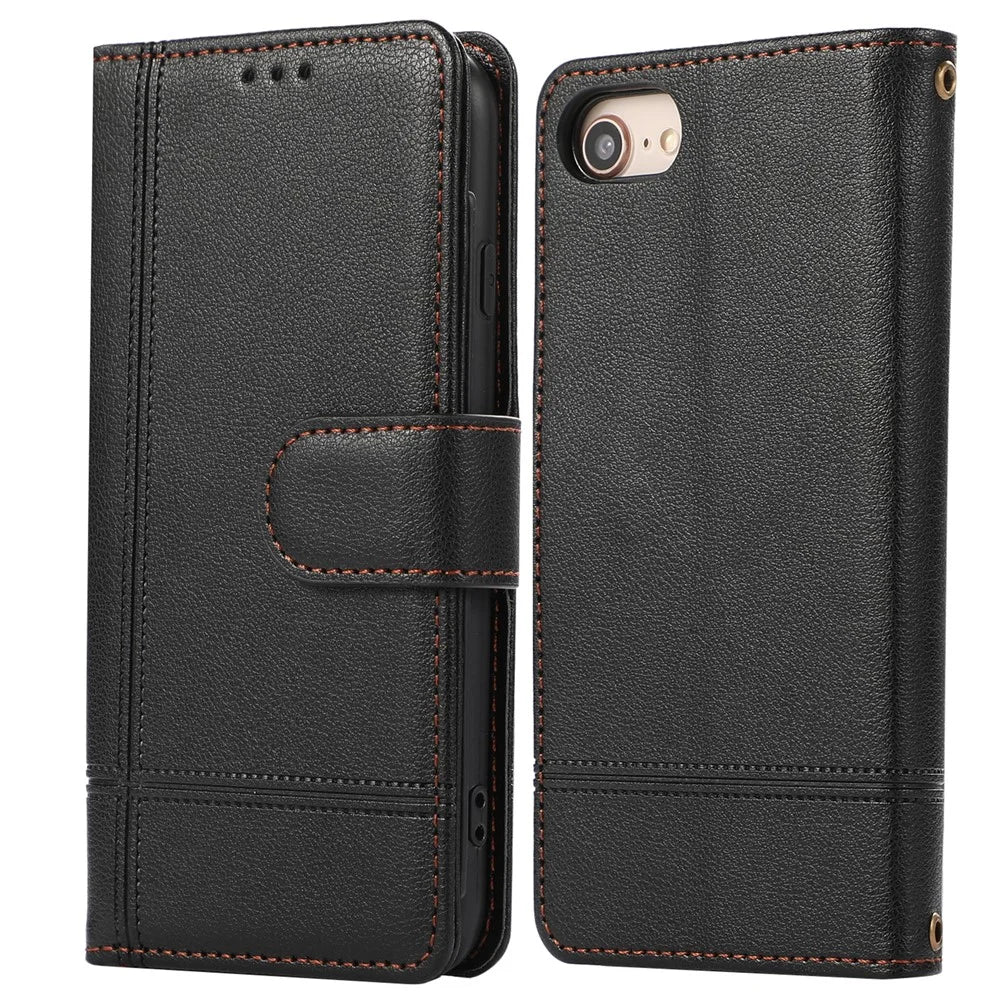 For iPhone SE (2022) / SE (2020) / 7 / 8 4.7 inch Cell Phone Case PU Leather Wallet Cover with 2 Straps - Black - 1