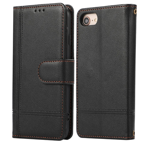 For iPhone SE (2022) / SE (2020) / 7 / 8 4.7 inch Cell Phone Case PU Leather Wallet Cover with 2 Straps - Black - 1