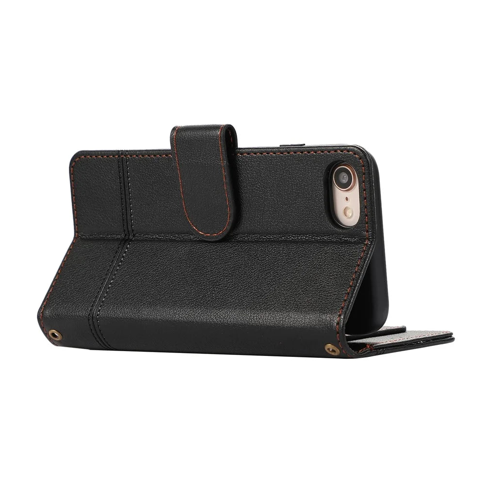 For iPhone SE (2022) / SE (2020) / 7 / 8 4.7 inch Cell Phone Case PU Leather Wallet Cover with 2 Straps - Black - 4