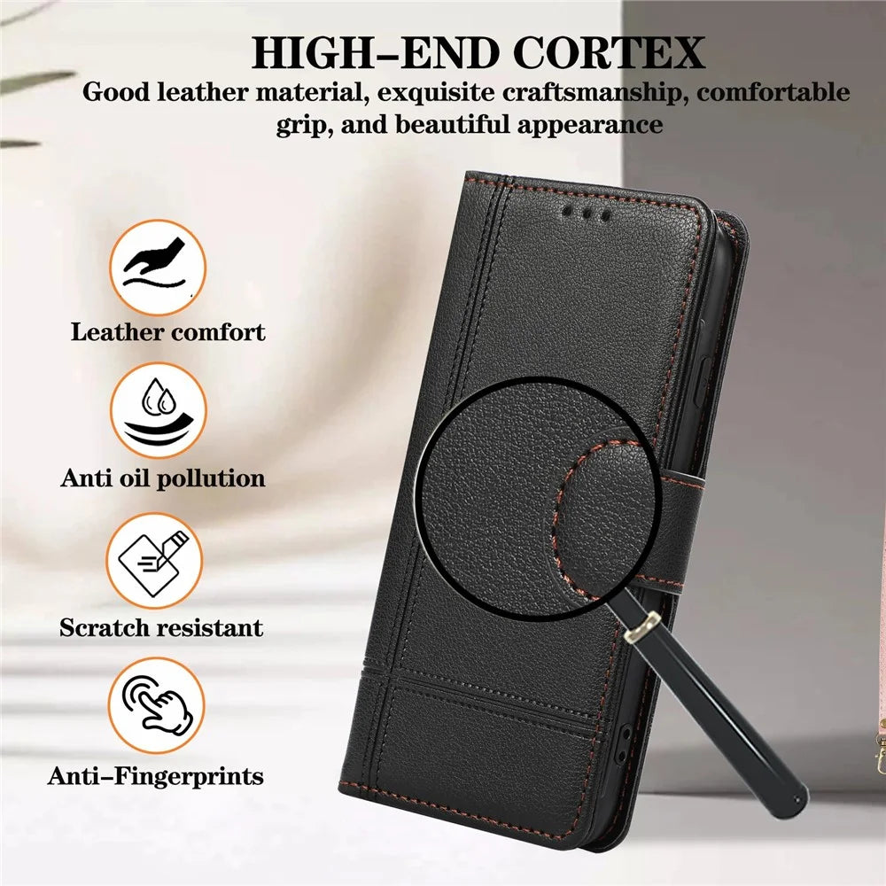 For iPhone SE (2022) / SE (2020) / 7 / 8 4.7 inch Cell Phone Case PU Leather Wallet Cover with 2 Straps - Black - 7