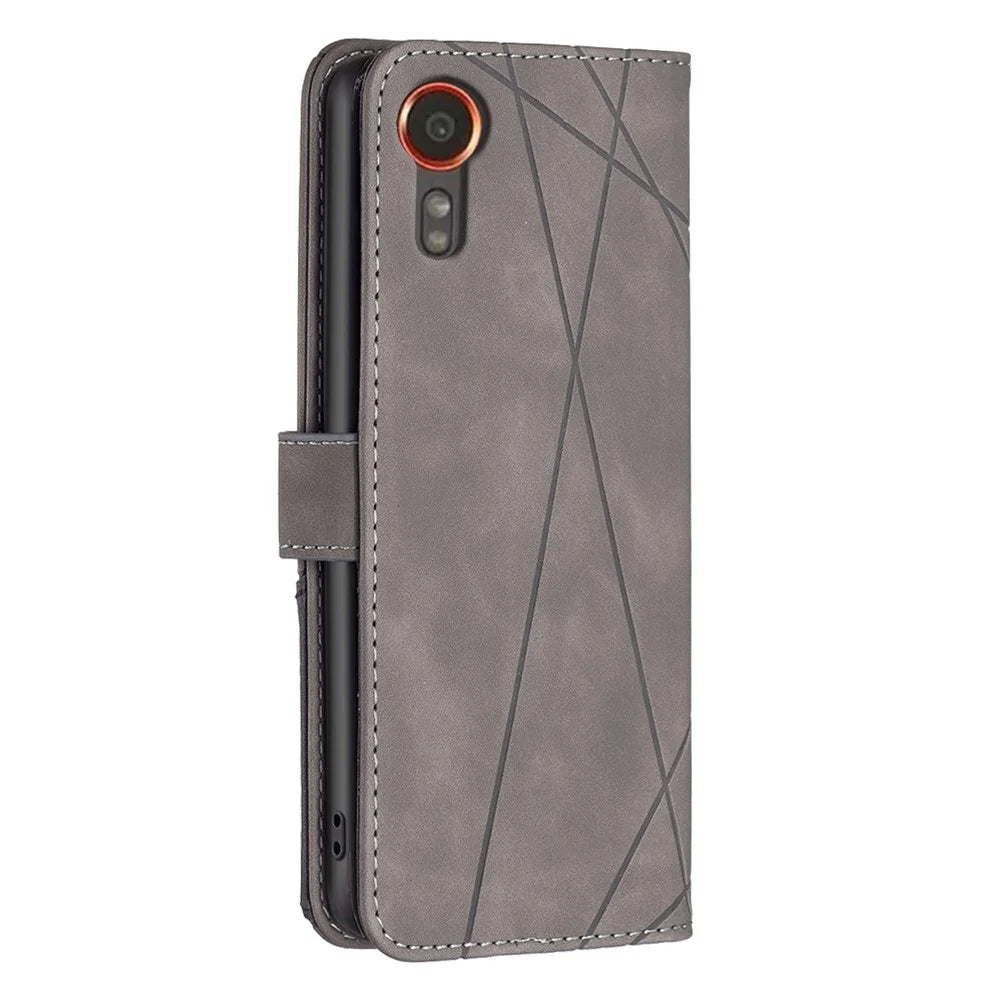 BINFEN COLOR For Samsung Galaxy Xcover7 Phone Cases Wallet Stand Geometry Imprint Leather Cover - Grey - 6
