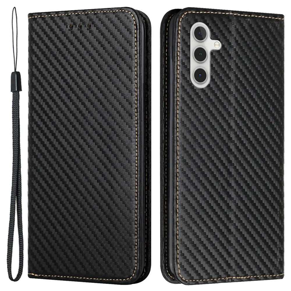 For Samsung Galaxy A35 5G Leather Case Carbon Fiber Texture Phone Stand Cover - Black - 1