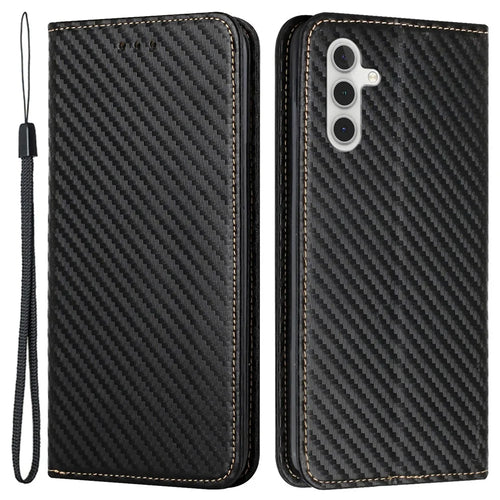 For Samsung Galaxy A35 5G Leather Case Carbon Fiber Texture Phone Stand Cover - Black - 1