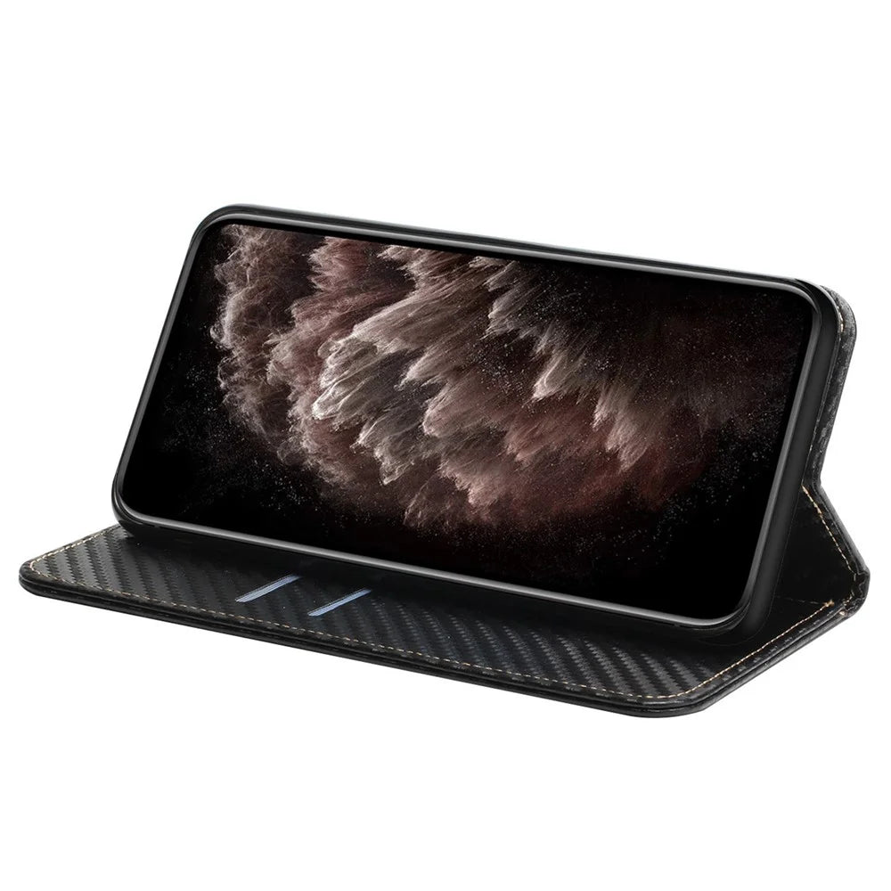 For Samsung Galaxy A35 5G Leather Case Carbon Fiber Texture Phone Stand Cover - Black - 3