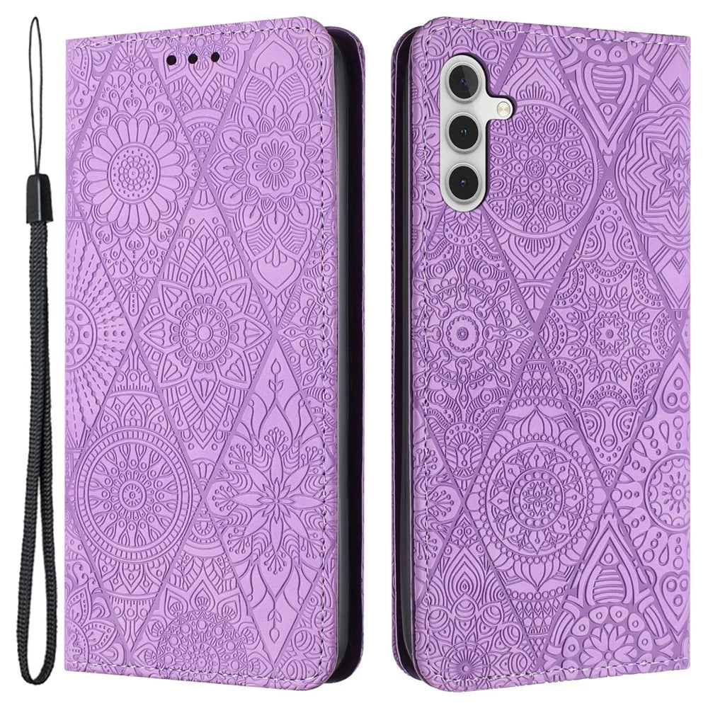 For Samsung Galaxy A55 5G Cell Phone Case Imprinted PU Leather+TPU Wallet Stand Cover - Purple - 1