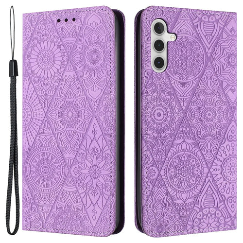 For Samsung Galaxy A55 5G Cell Phone Case Imprinted PU Leather+TPU Wallet Stand Cover - Purple - 1