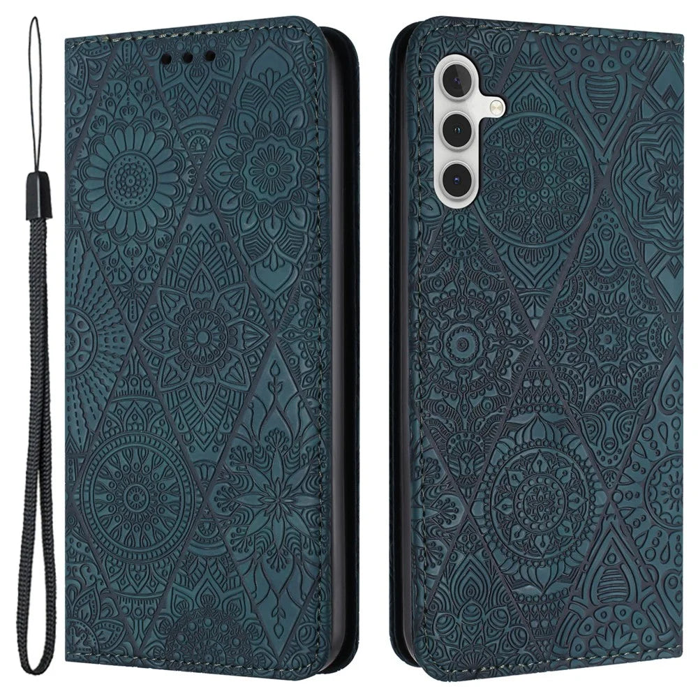 For Samsung Galaxy A35 5G Magnetic Phone Case Imprinted PU Leather Wallet Cover - Blue - 1