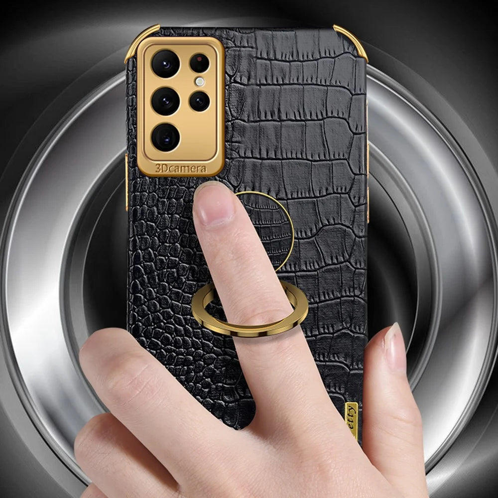 For Samsung Galaxy S24 Ultra Cell Phone Case Crocodile Texture Ring Kickstand Leather+TPU Cover - Black - 3