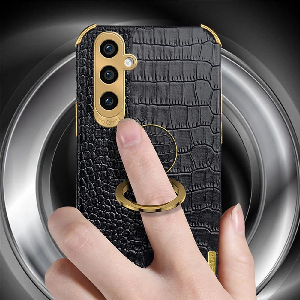 For Samsung Galaxy S24+ Cell Phone Case Crocodile Texture Leather+TPU Back Cover with Ring Kickstand - Black - 3