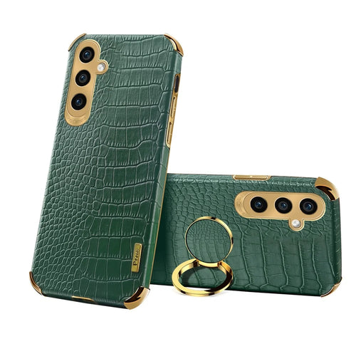 For Samsung Galaxy S24 Case Crocodile Texture Electroplated Leather+TPU Phone Cover with Kickstand - Green - 1
