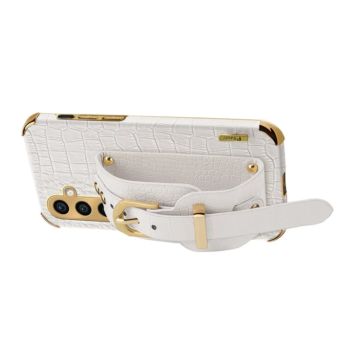 For Samsung Galaxy S24+ Cell Phone Case Crocodile Texture Wristband Design Electroplating Cover - White - 2