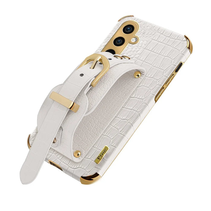 For Samsung Galaxy S24+ Cell Phone Case Crocodile Texture Wristband Design Electroplating Cover - White - 7