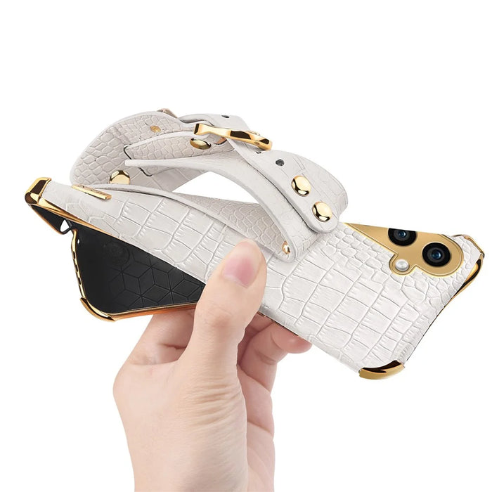 For Samsung Galaxy S24 Cell Phone Case Wristband Design 6D Electroplating Crocodile Texture Back Cover - Yellow - 4