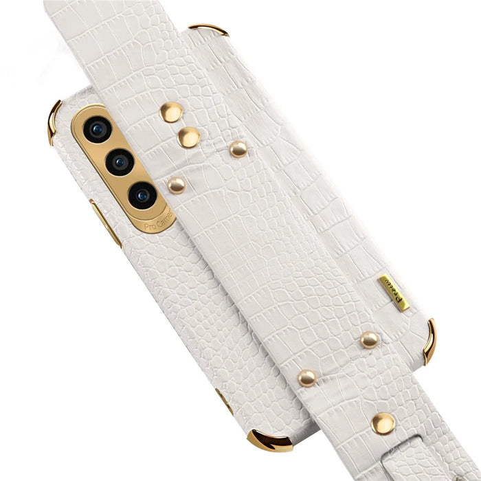 For Samsung Galaxy S24 Cell Phone Case Wristband Design 6D Electroplating Crocodile Texture Back Cover - Yellow - 6