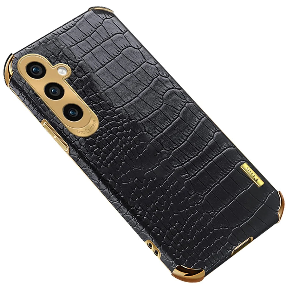 For Samsung Galaxy S24 Cell Phone Case Crocodile Texture 6D Electroplating Shockproof Cover - Black - 1