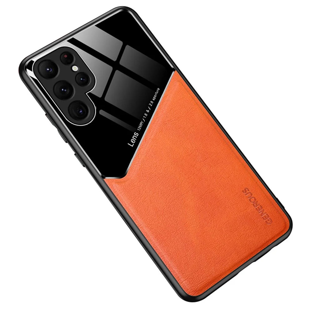 For Samsung Galaxy S24 Ultra Case Magnetic Car Mount Back Guard PU+TPU+PC Cover - Orange - 1