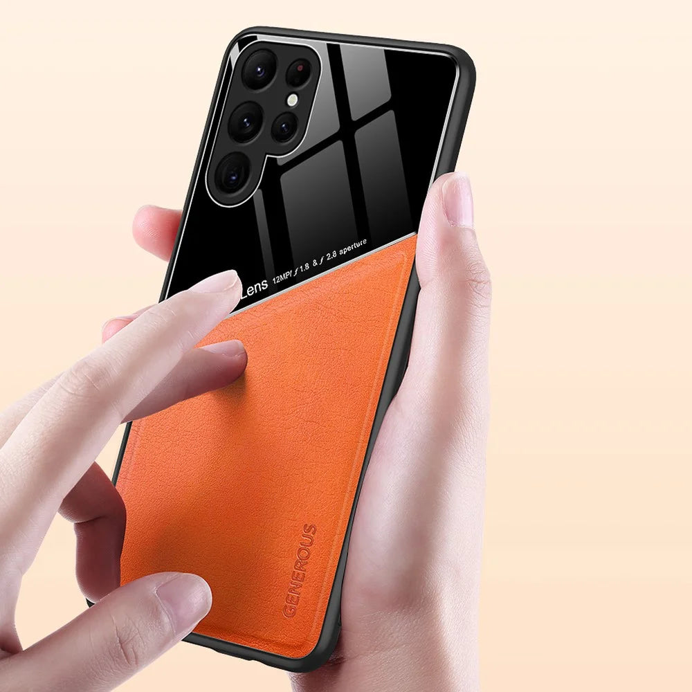For Samsung Galaxy S24 Ultra Case Magnetic Car Mount Back Guard PU+TPU+PC Cover - Orange - 3