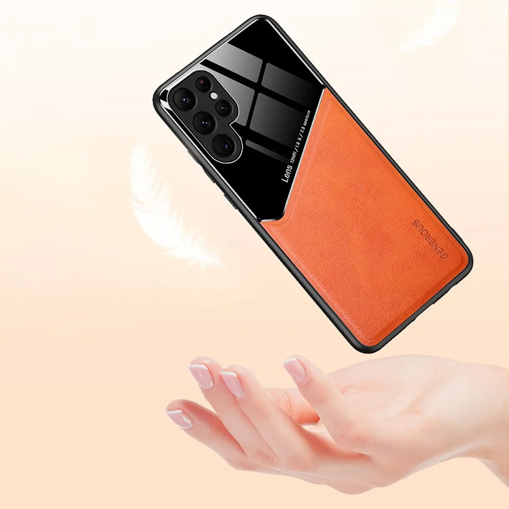 For Samsung Galaxy S24 Ultra Case Magnetic Car Mount Back Guard PU+TPU+PC Cover - Orange - 4