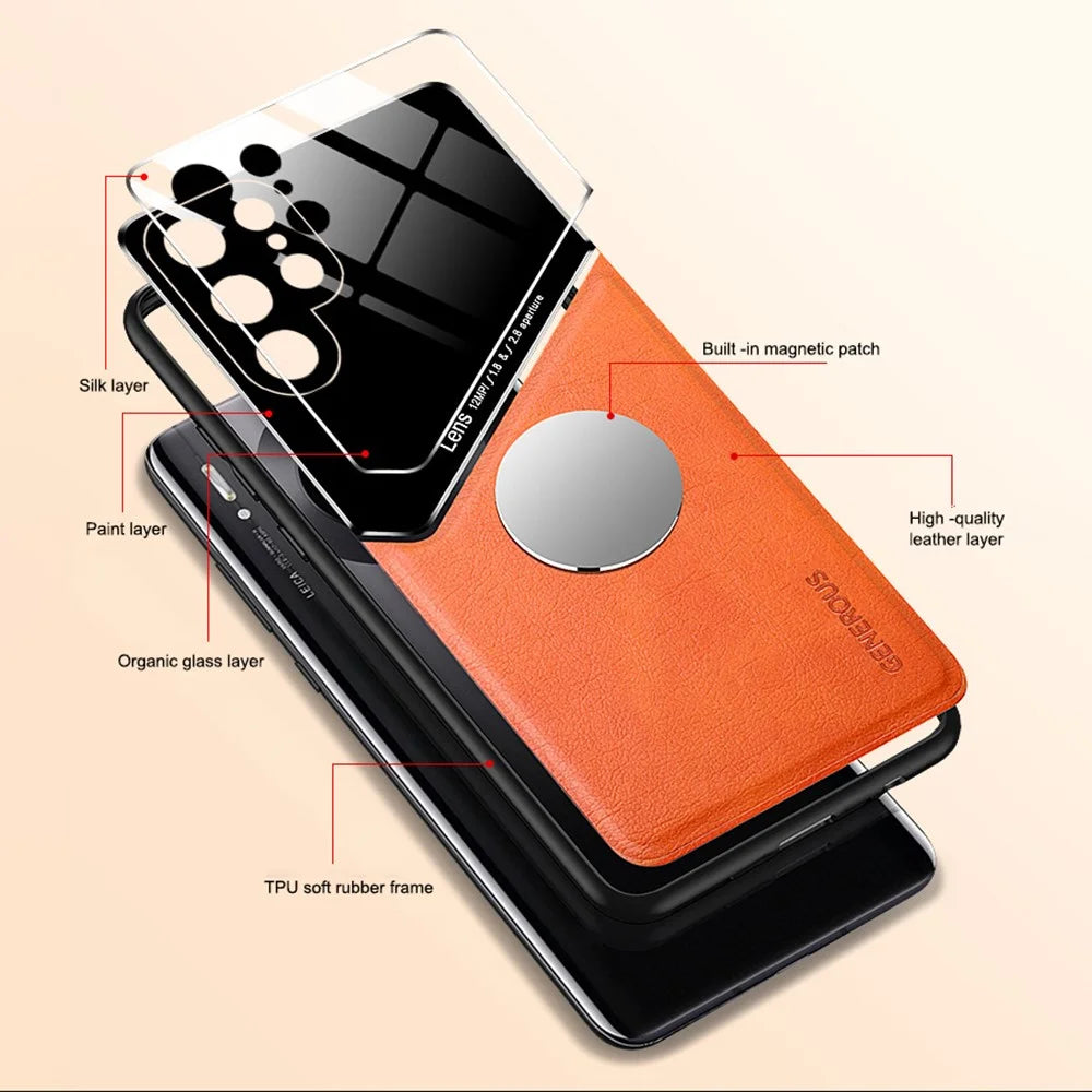 For Samsung Galaxy S24 Ultra Case Magnetic Car Mount Back Guard PU+TPU+PC Cover - Orange - 5