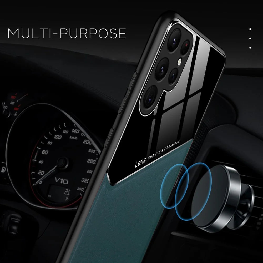 For Samsung Galaxy S24 Ultra Case Magnetic Car Mount Back Guard PU+TPU+PC Cover - Orange - 6