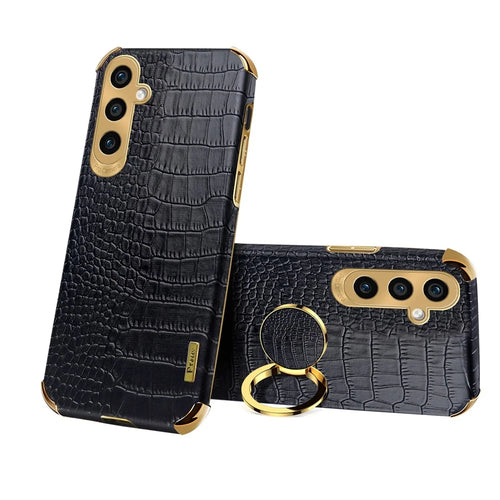 For Samsung Galaxy A05s 4G Cell Phone Case 6D Electroplating Ring Kickstand Leather+TPU Cover - Black - 1