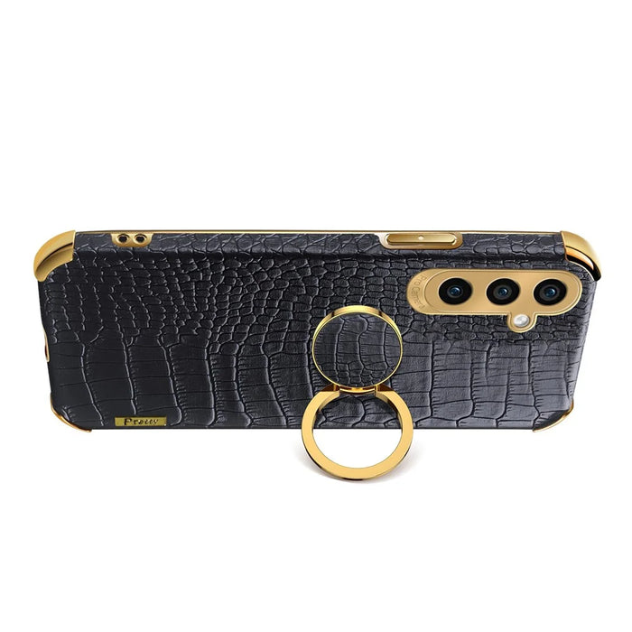 For Samsung Galaxy A05s 4G Cell Phone Case 6D Electroplating Ring Kickstand Leather+TPU Cover - Black - 2