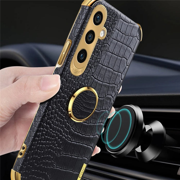 For Samsung Galaxy A05s 4G Cell Phone Case 6D Electroplating Ring Kickstand Leather+TPU Cover - Black - 4