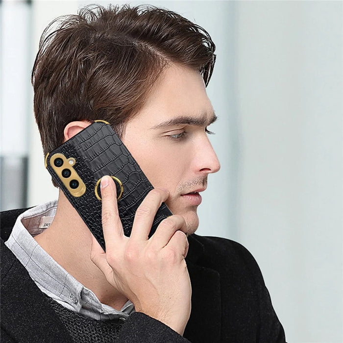 For Samsung Galaxy A05s 4G Cell Phone Case 6D Electroplating Ring Kickstand Leather+TPU Cover - Black - 5