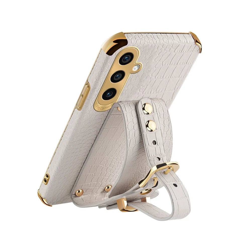 For Samsung Galaxy A05s 4G Cell Phone Case Electroplated Leather+TPU Anti-scratch Cover with Wristband - White - 3