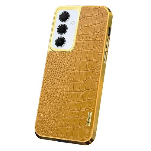 For Samsung Galaxy A55 5G Cell Phone Case Crocodile Texture Electroplated TPU+PU Anti-scratch Cover - Yellow - 1