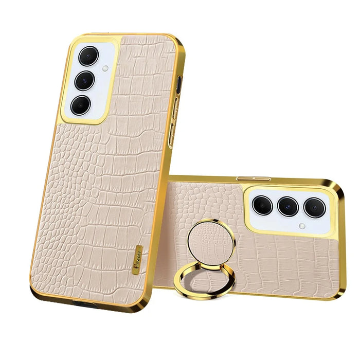 For Samsung Galaxy A55 5G Cell Phone Case Crocodile Texture Drop-proof Cover with Ring Kickstand - White - 1