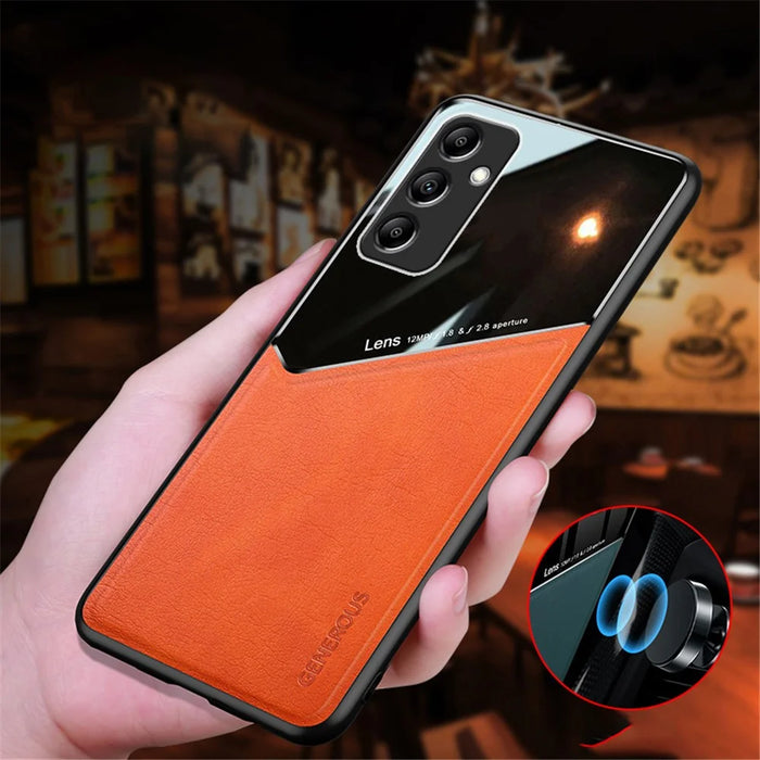 For Samsung Galaxy A15 4G / 5G Case Magnetic Car Mount PU+TPU+PC Mobile Phone Cover - Orange - 6