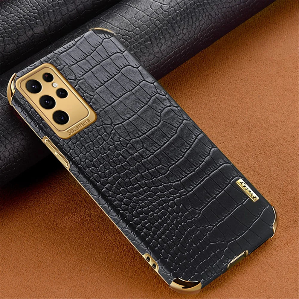 For Samsung Galaxy S23 Ultra Cell Phone Case Electroplating Crocodile Texture Back Cover - Black - 4