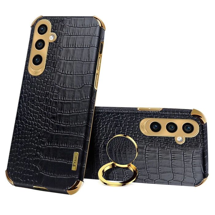 For Samsung Galaxy A15 4G / 5G Case Crocodile Texture Electroplated Phone Cover with Kickstand - Black - 1
