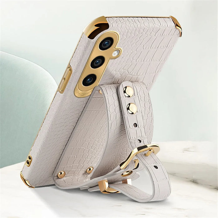 Phone Case for Samsung Galaxy A35 5G Crocodile Texture Wristband Electroplating Cover - White - 4
